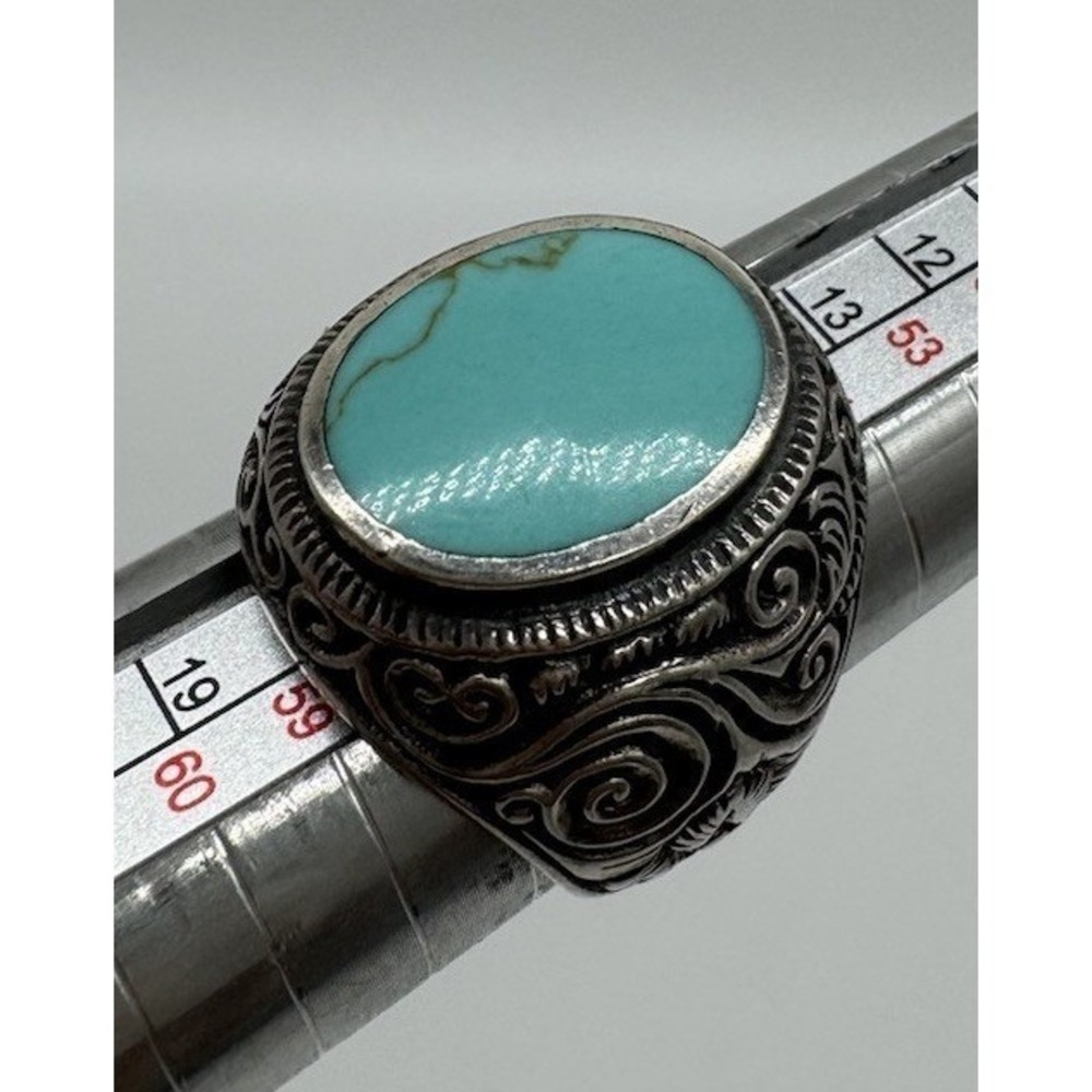Southwestern 925 Silver Vintage Engraved Cigar Band Turquoise Inlay Ring Sz 8